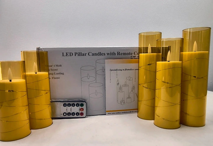 Set 5 lumanari LED tip stalp, plastic, 5,5 x 12,5-20 cm, cu timer si efect palpaire, auriu
