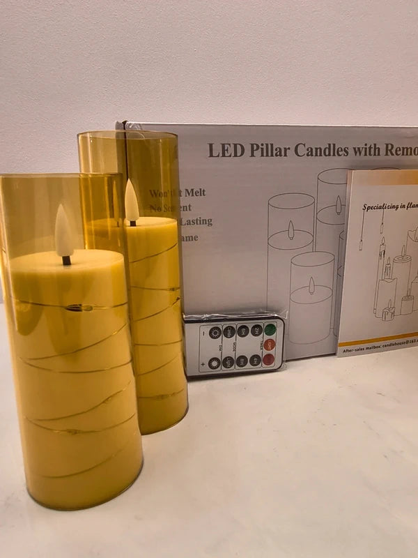 Set 5 lumanari LED tip stalp, plastic, 5,5 x 12,5-20 cm, cu timer si efect palpaire, auriu