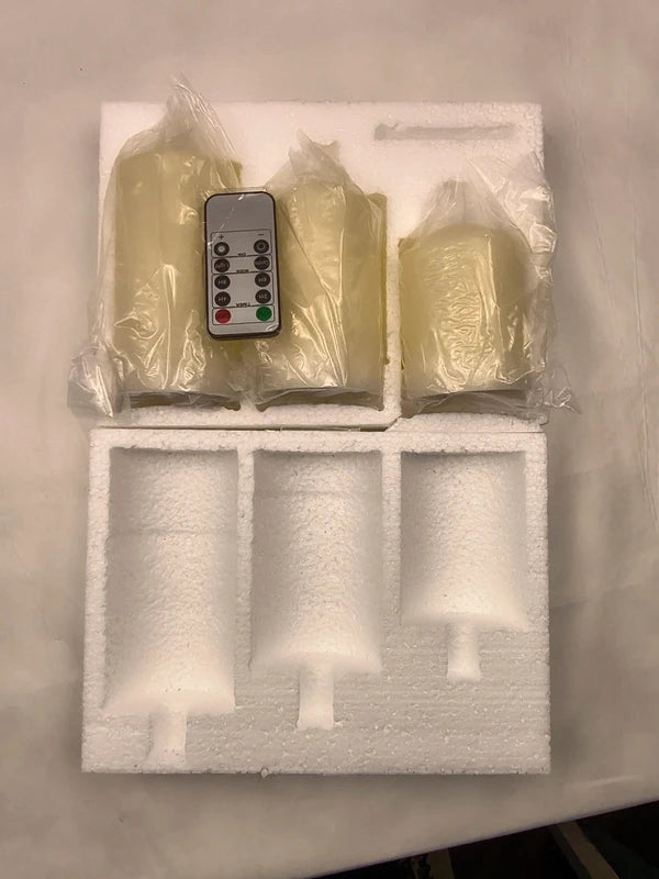 Set 3 lumanari stalp LED fara flacara, ceara de parafina, telecomanda, 7,6 cm diametru, ivoriu