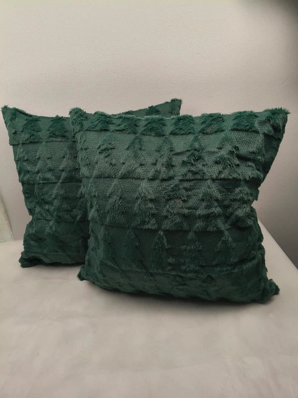 Set 2 fete de perna decorative, 50 x 50 cm, blana sintetica pufoasa fata-verso, model brad de Craciun, verde