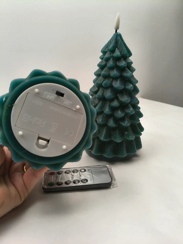 Set 2 lumanari LED, forma brad de Craciun, cu telecomanda si timer, verde