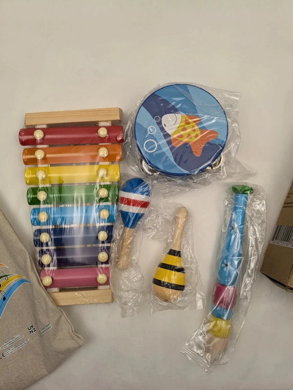Set instrumente muzicale din lemn pentru copii, 4 piese, cu geanta transport
