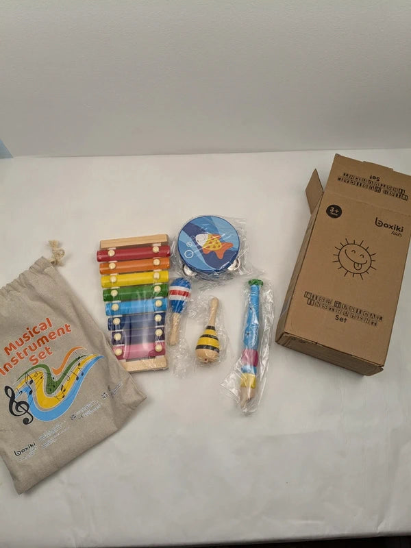 Set instrumente muzicale din lemn pentru copii, 4 piese, cu geanta transport