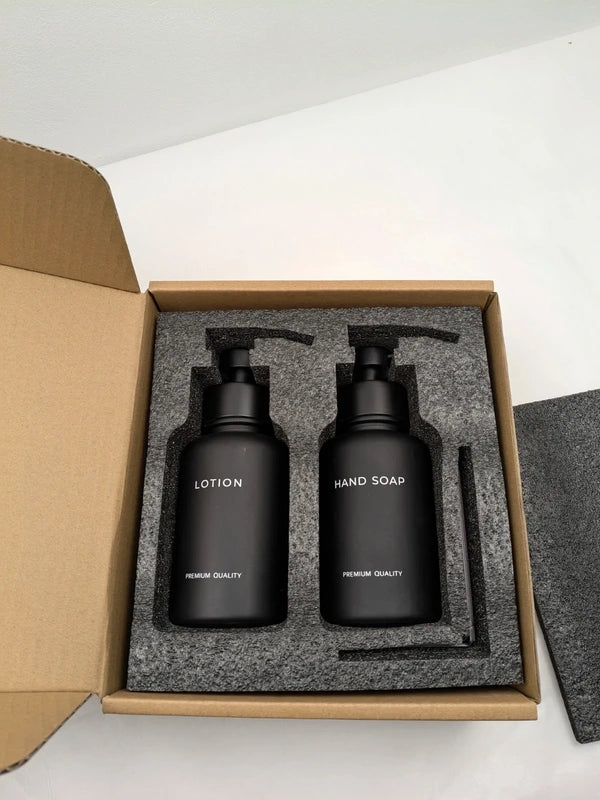 Set 2 dozatoare sapun lichid si lotiune din sticla, montaj perete autoadeziv, pompa din inox, 400 ml