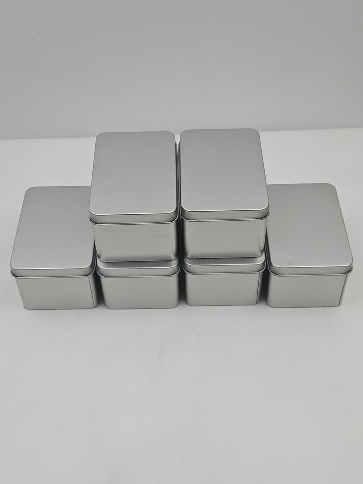 Set 6 cutii metalice cu capac, 107 x 70 x 60 mm, tabla cositorita, argintiu