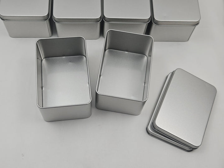 Set 6 cutii metalice cu capac, 107 x 70 x 60 mm, tabla cositorita, argintiu