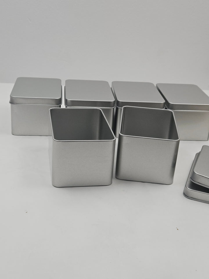 Set 6 cutii metalice cu capac, 107 x 70 x 60 mm, tabla cositorita, argintiu