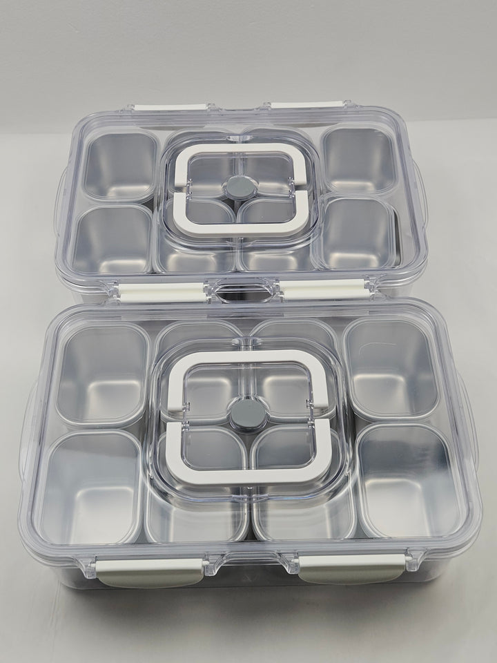 Set 2 cutii pentru gustări, 8 compartimente, 32 x 22 x 9 cm, cu capace individuale