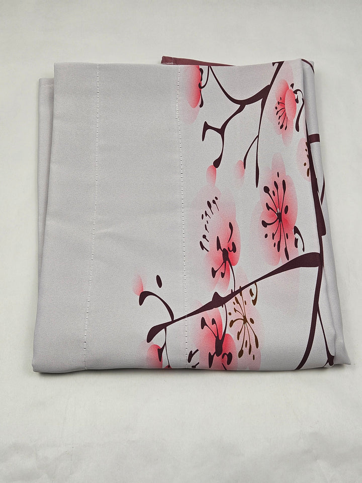 Draperie scurtă decorativă pentru fereastră, model flori de cireș și ramuri de prun, 132 x 46 cm, roz