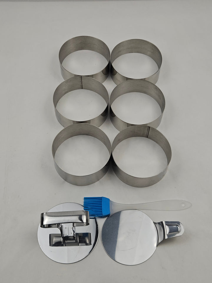 Set 6 inele pentru desert din inox, 8,8 x 3,5 cm, cu presă, spatulă de ridicare și pensulă din silicon