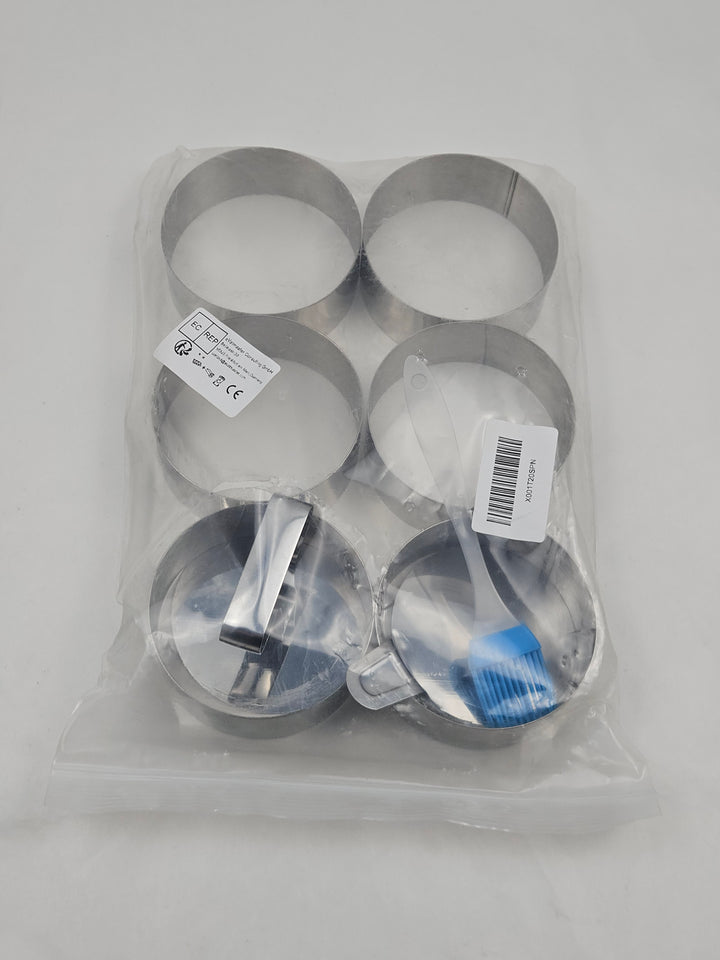 Set 6 inele pentru desert din inox, 8,8 x 3,5 cm, cu presă, spatulă de ridicare și pensulă din silicon
