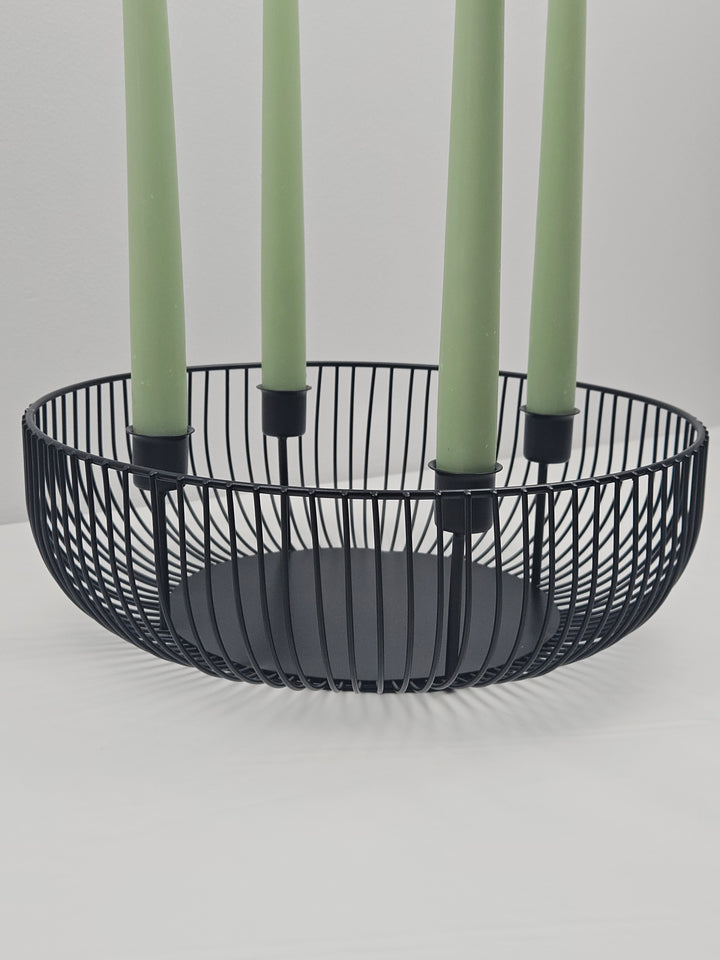 Suport pentru 4 lumânări conice, metal, 30 x 10 cm, suport tip bol, negru