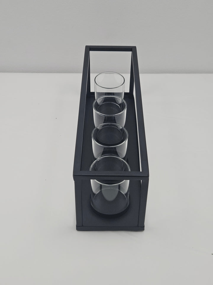 Suport pentru 4 lumânări pastilă, metal și sticlă, 30,5 x 8,8 cm, negru