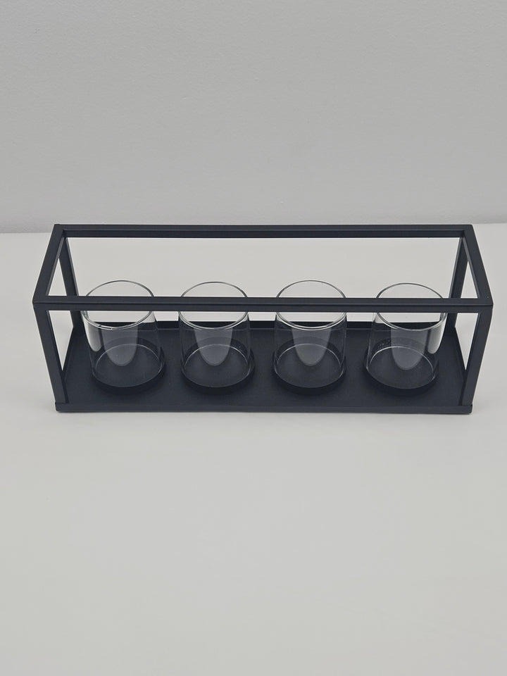 Suport pentru 4 lumânări pastilă, metal și sticlă, 30,5 x 8,8 cm, negru