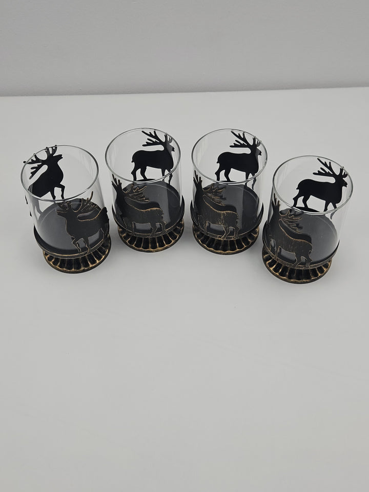Set 4 suporturi pentru lumânări pastilă, metal și sticlă, model ren, 12 x 8 cm, negru