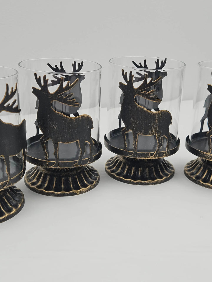 Set 4 suporturi pentru lumânări pastilă, metal și sticlă, model ren, 12 x 8 cm, negru