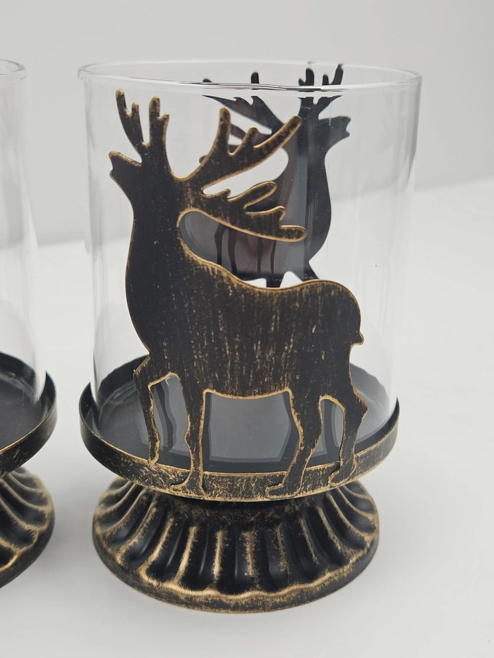 Set 4 suporturi pentru lumânări pastilă, metal și sticlă, model ren, 12 x 8 cm, negru
