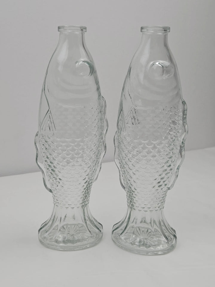 Set 2 vaze decorative din sticlă, formă de pește, cu dop din plută, 26 x 10 cm, transparente