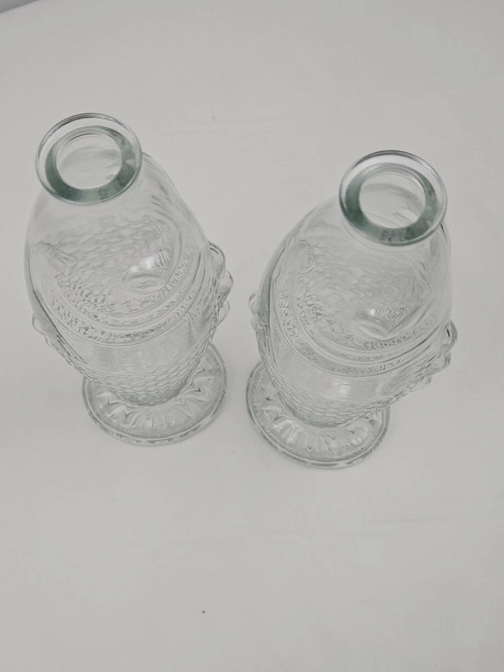 Set 2 vaze decorative din sticlă, formă de pește, cu dop din plută, 26 x 10 cm, transparente