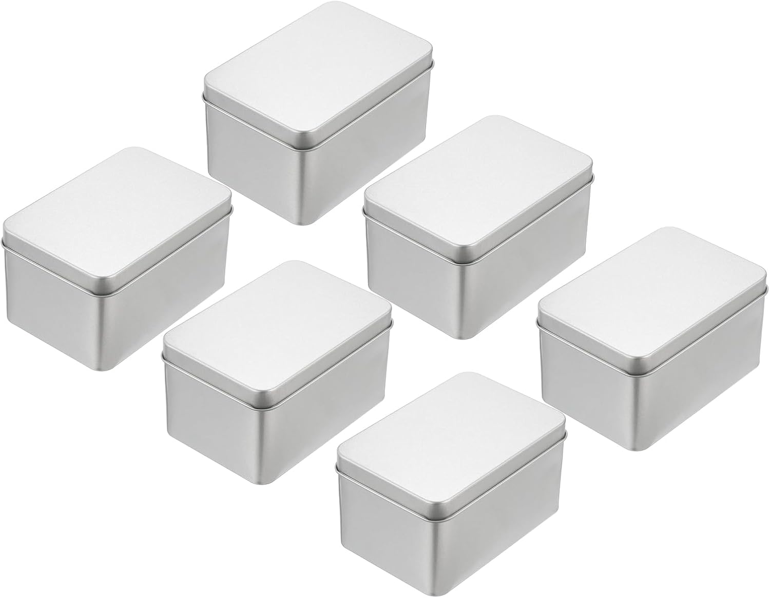 Set 6 cutii metalice cu capac, 107 x 70 x 60 mm, tabla cositorita, argintiu