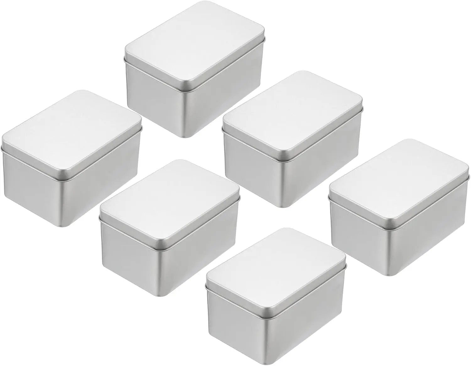 Set 6 cutii metalice cu capac, 107 x 70 x 60 mm, tabla cositorita, argintiu