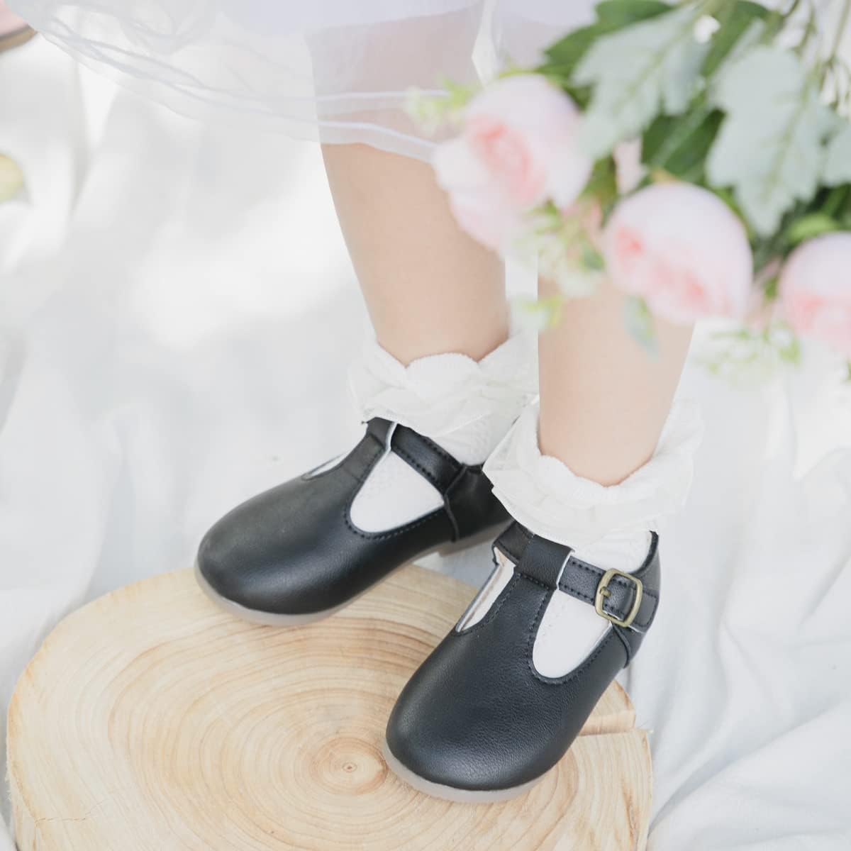 Balerini Mary Jane pentru fete, din piele ecologică, închidere cu velcro, talpă din cauciuc