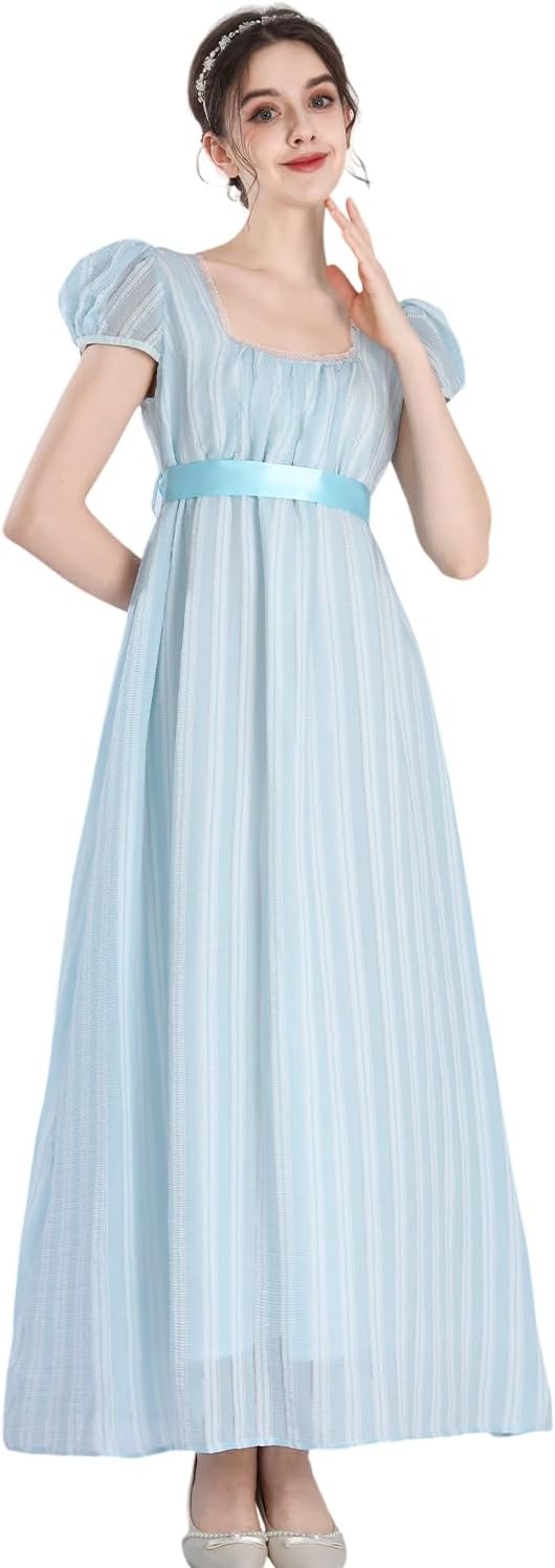 Rochie cosplay de epocă CR ROLECOS, talie înaltă, croială evazată, albastru deschis