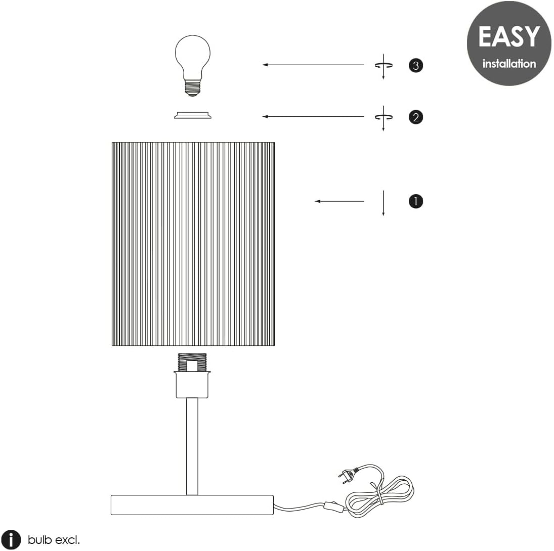 Lampă de masă din metal, abajur cilindric reiat, E27, 20 x 40 cm, cu întrerupător pe cablu