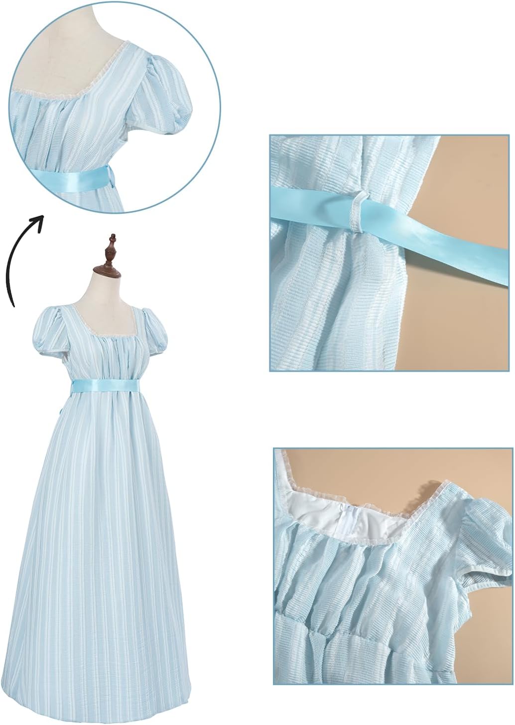 Rochie cosplay de epocă CR ROLECOS, talie înaltă, croială evazată, albastru deschis