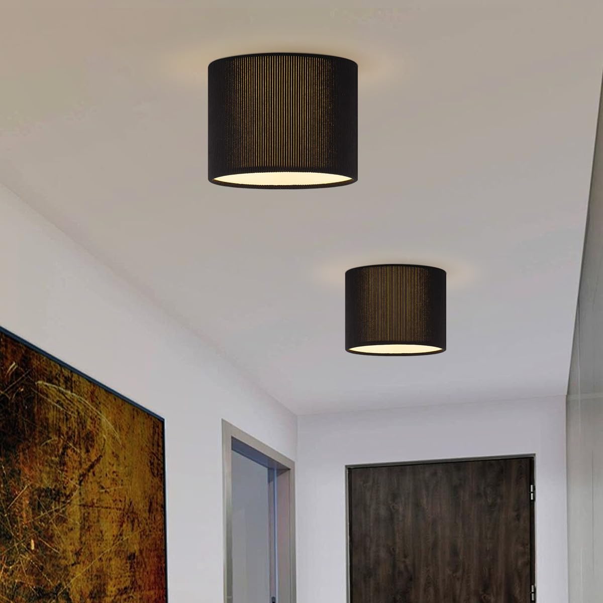 Plafonieră cilindrică, abajur din reiat, Ø 22 x 17 cm, soclu E27 pentru bec LED, negru