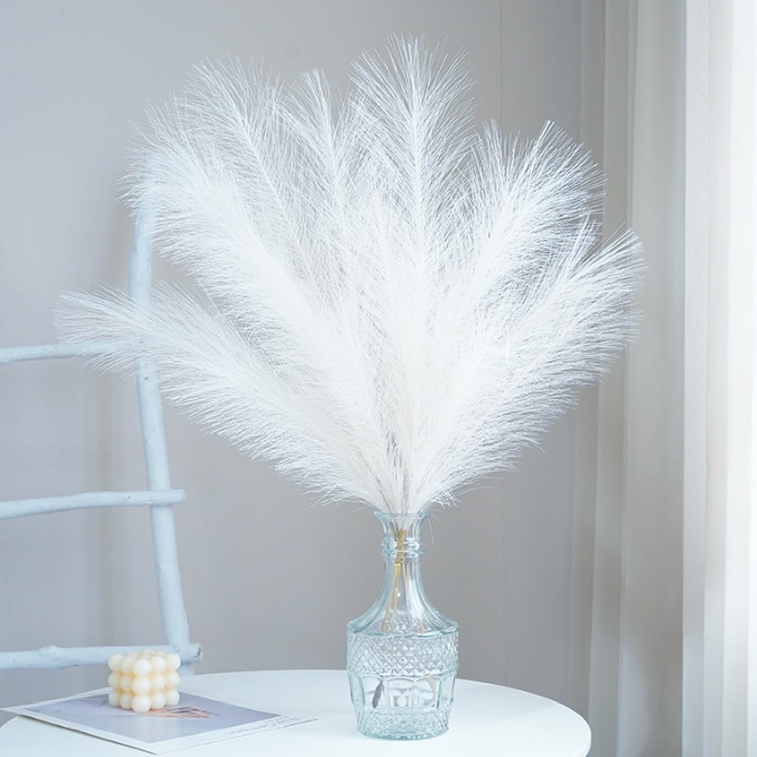 Set 6 fire de iarbă de pampas artificială, 45 cm, maleabile, alb
