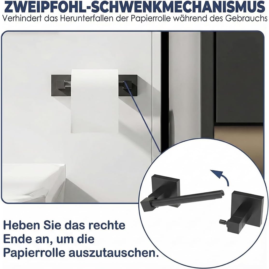 Suport hartie igienica pentru perete, inox 304, patrat, montaj orizontal si vertical, negru