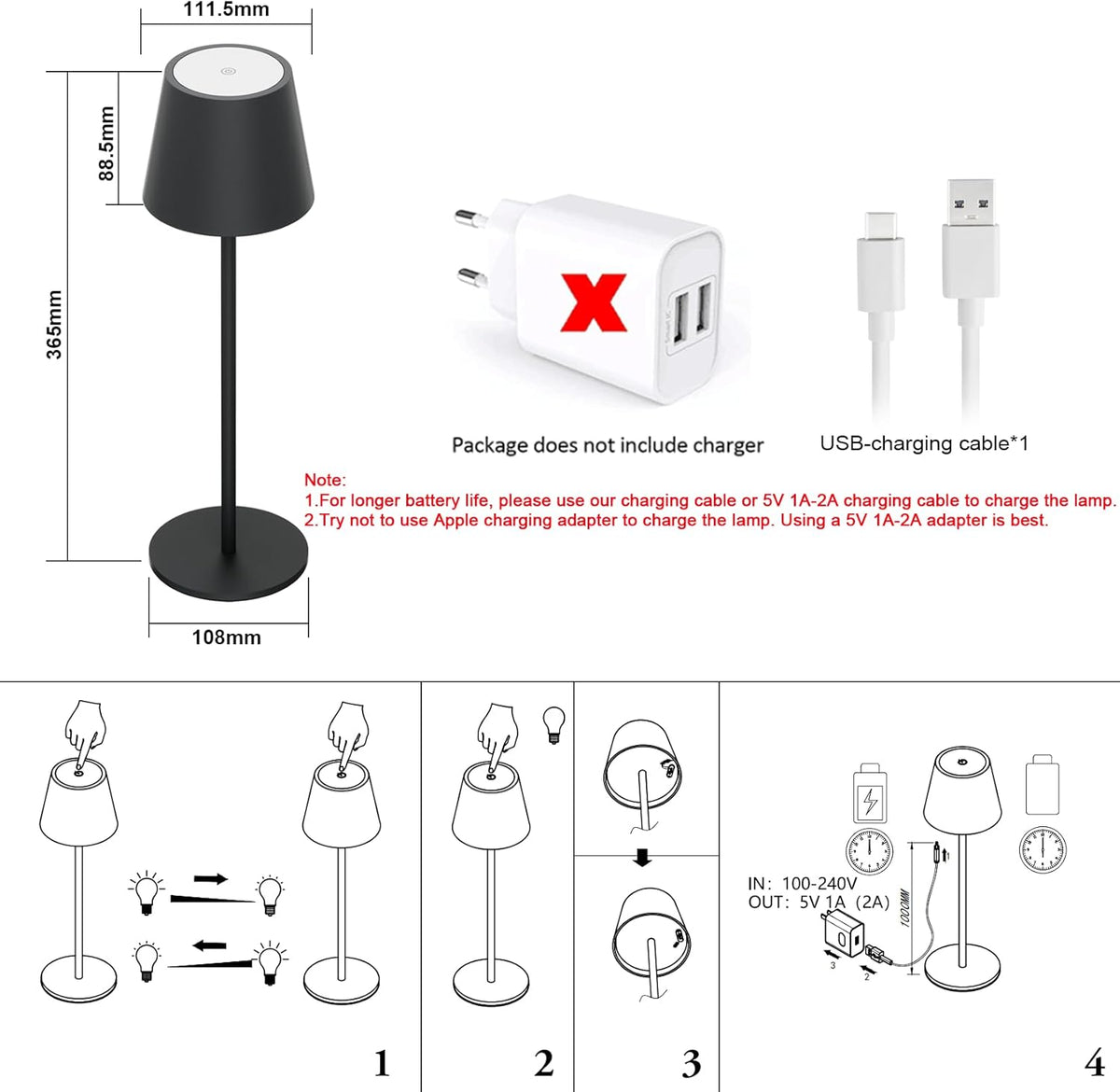 Set 2 lampi de masa LED, lumina alb-calda 3000 K, USB-C, IP54, aluminiu, clasa A