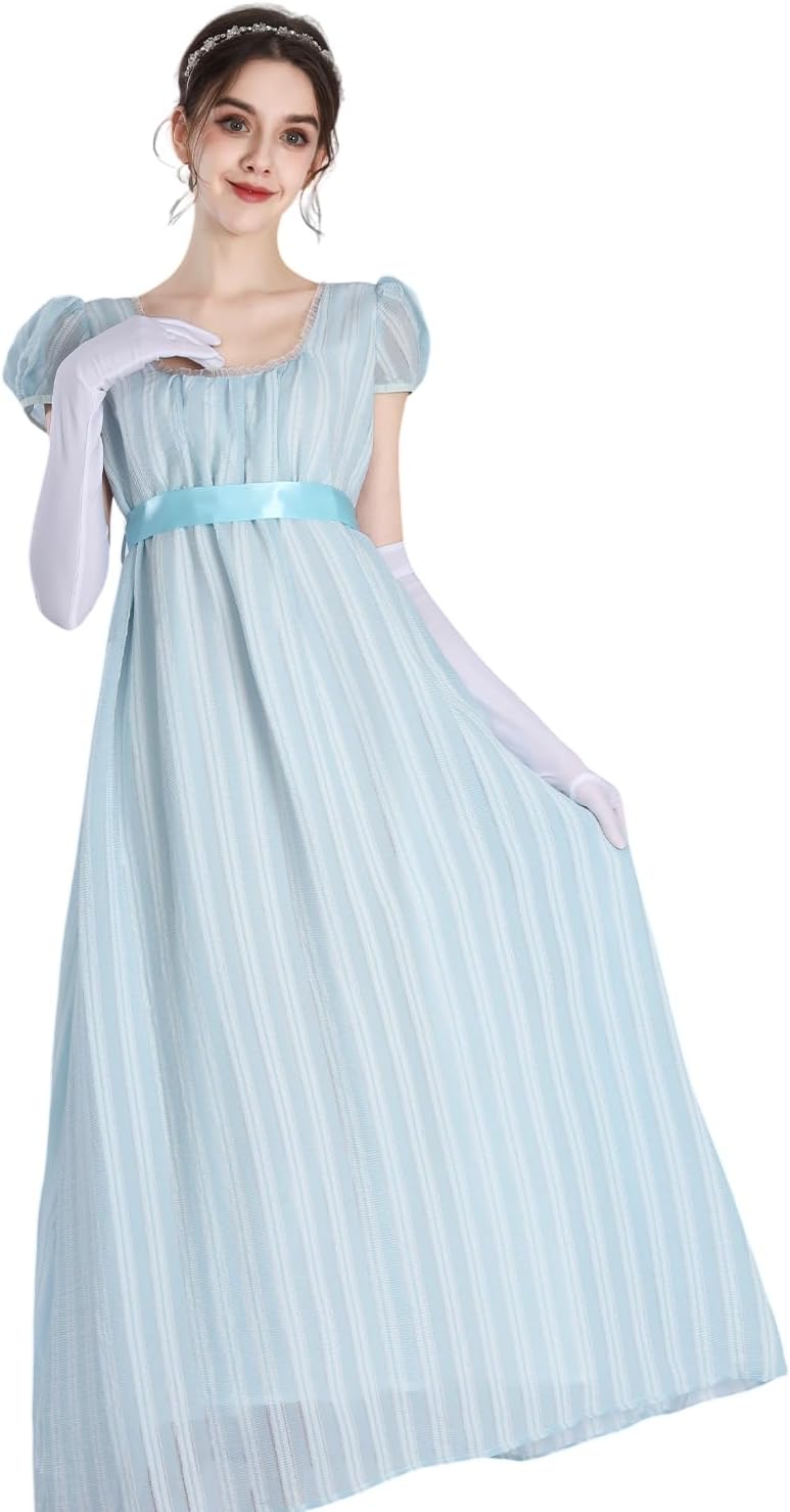 Rochie cosplay de epocă CR ROLECOS, talie înaltă, croială evazată, albastru deschis