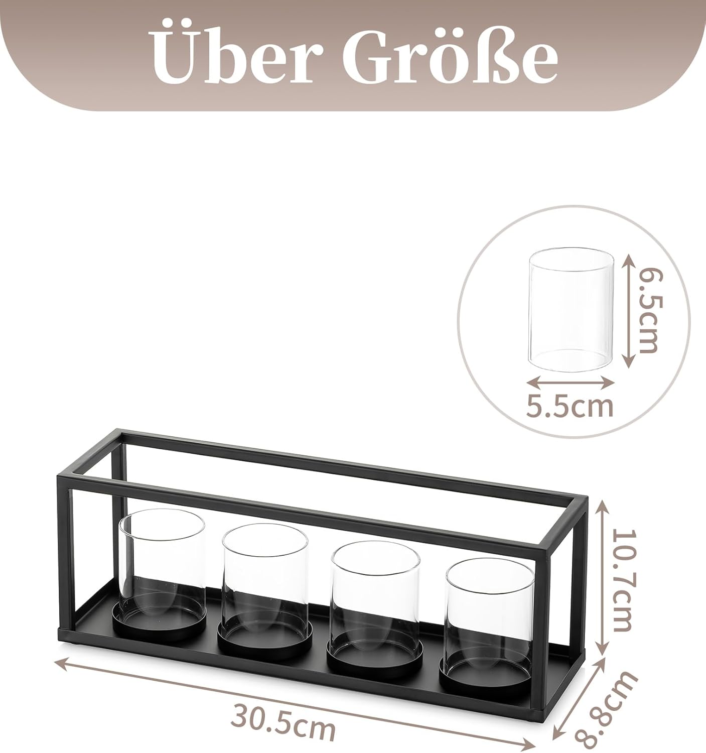 Suport pentru 4 lumânări pastilă, metal și sticlă, 30,5 x 8,8 cm, negru