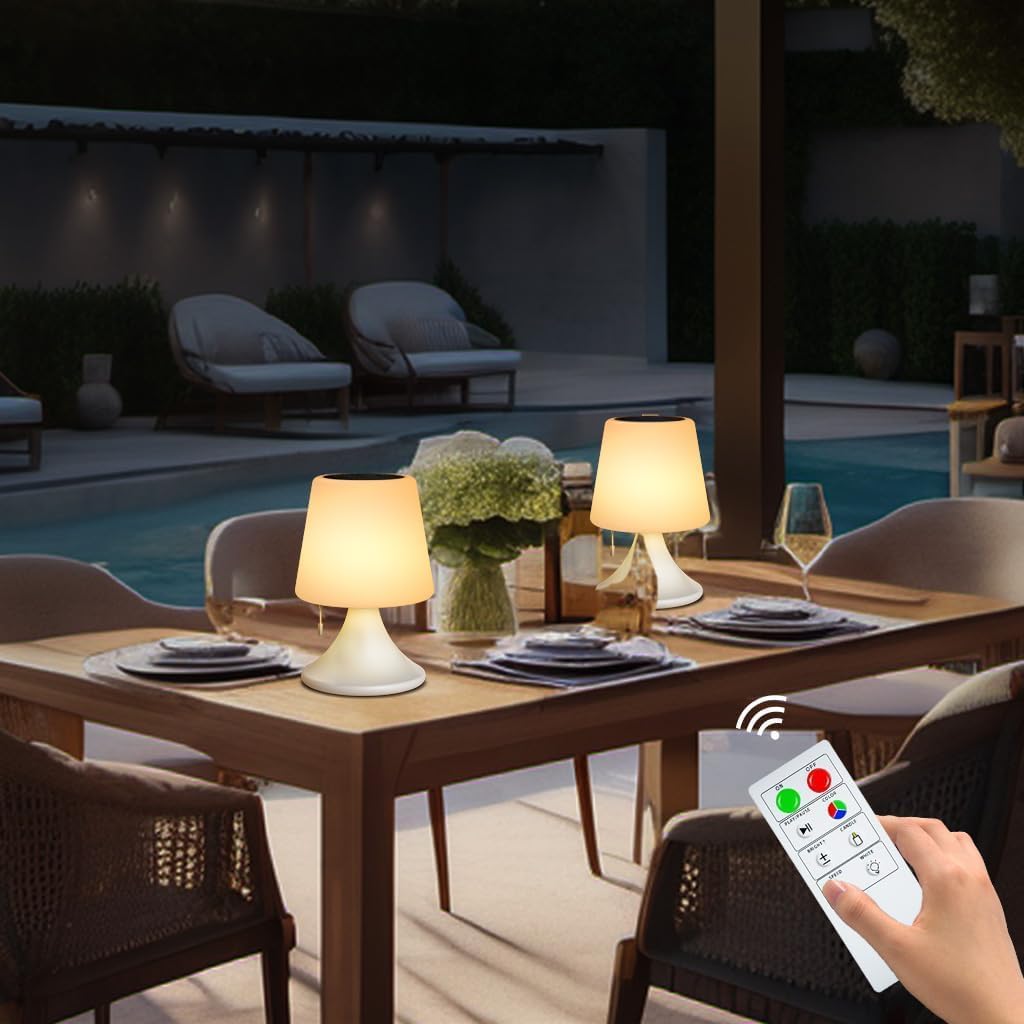 Lampa de masa LED pentru exterior cu telecomanda, reincarcabila solar si USB, 8 culori, reglabila, IP44