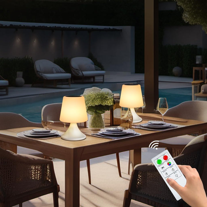 Lampa de masa LED pentru exterior cu telecomanda, reincarcabila solar si USB, 8 culori, reglabila, IP44