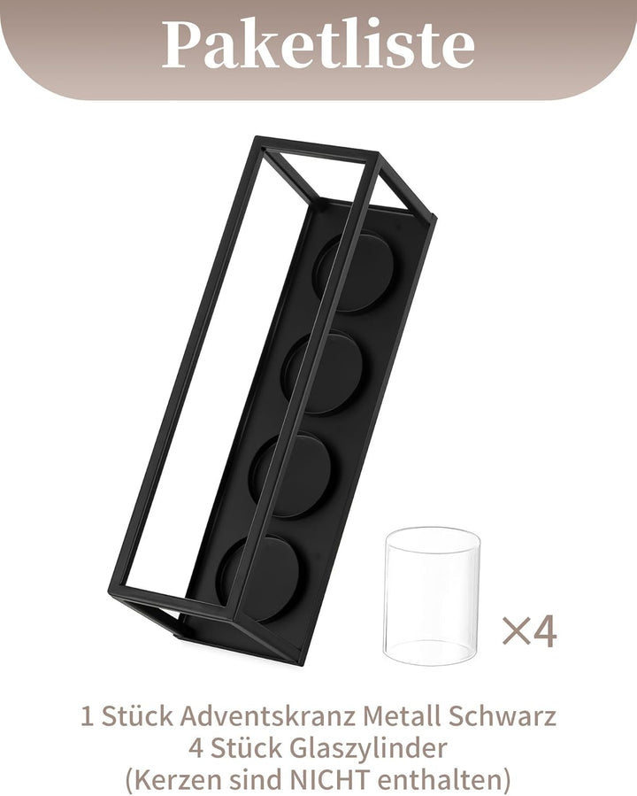 Suport pentru 4 lumânări pastilă, metal și sticlă, 30,5 x 8,8 cm, negru