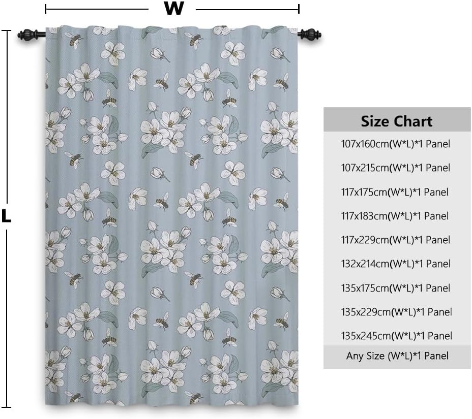 Draperie cu imprimeu floral și albine, 117 x 229 cm, opacă, cu buzunar pentru galerie, albastră
