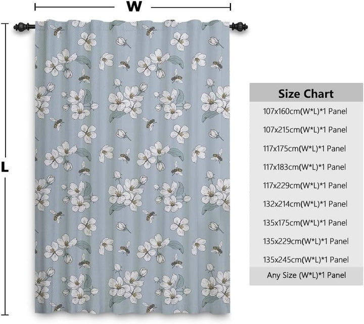 Draperie cu imprimeu floral și albine, 117 x 229 cm, opacă, cu buzunar pentru galerie, albastră