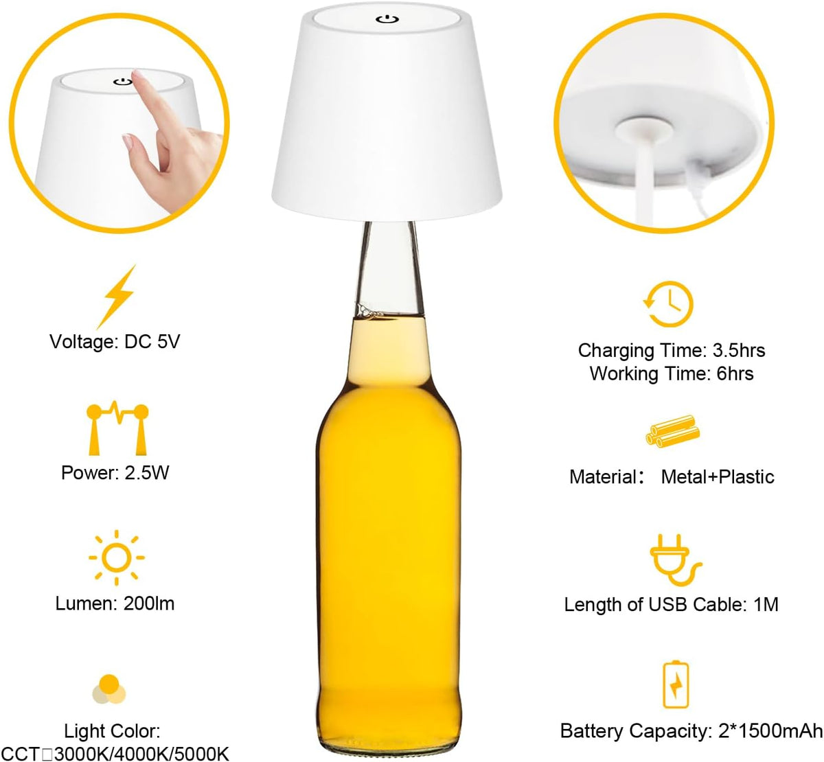 Lampă de masă LED reîncărcabilă, 200 lm, 3 temperaturi de culoare 3000K/4000K/5000K, reglabilă tactil, IP44