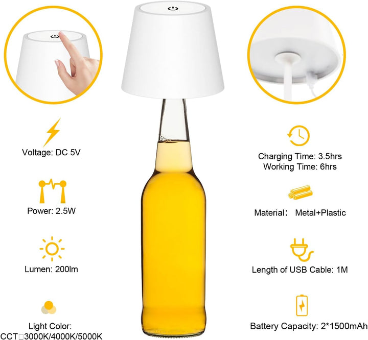 Lampă de masă LED reîncărcabilă, 200 lm, 3 temperaturi de culoare 3000K/4000K/5000K, reglabilă tactil, IP44