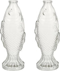 Set 2 vaze decorative din sticlă, formă de pește, cu dop din plută, 26 x 10 cm, transparente