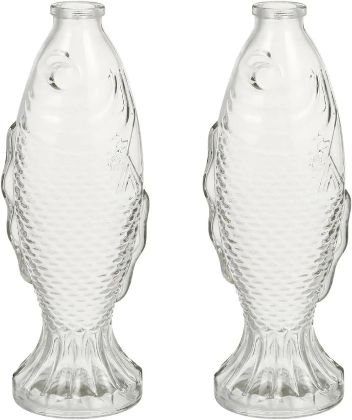 Set 2 vaze decorative din sticlă, formă de pește, cu dop din plută, 26 x 10 cm, transparente