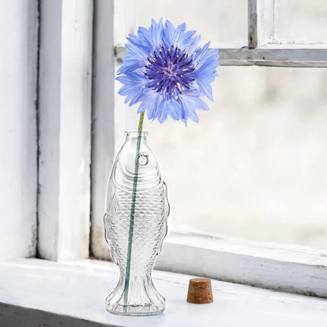 Set 2 vaze decorative din sticlă, formă de pește, cu dop din plută, 26 x 10 cm, transparente