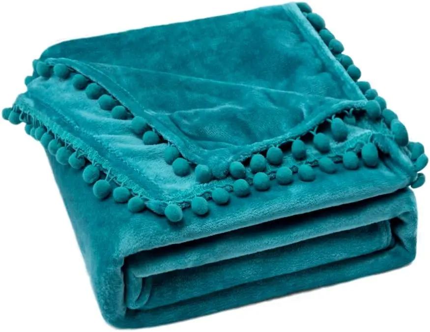 Pătură din fleece cu ciucuri, 170 x 210 cm, verde marin