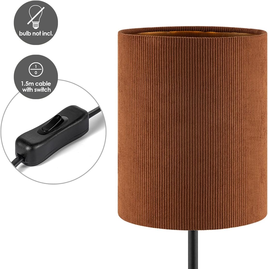 Lampă de masă din metal, abajur cilindric reiat, E27, 20 x 40 cm, cu întrerupător pe cablu