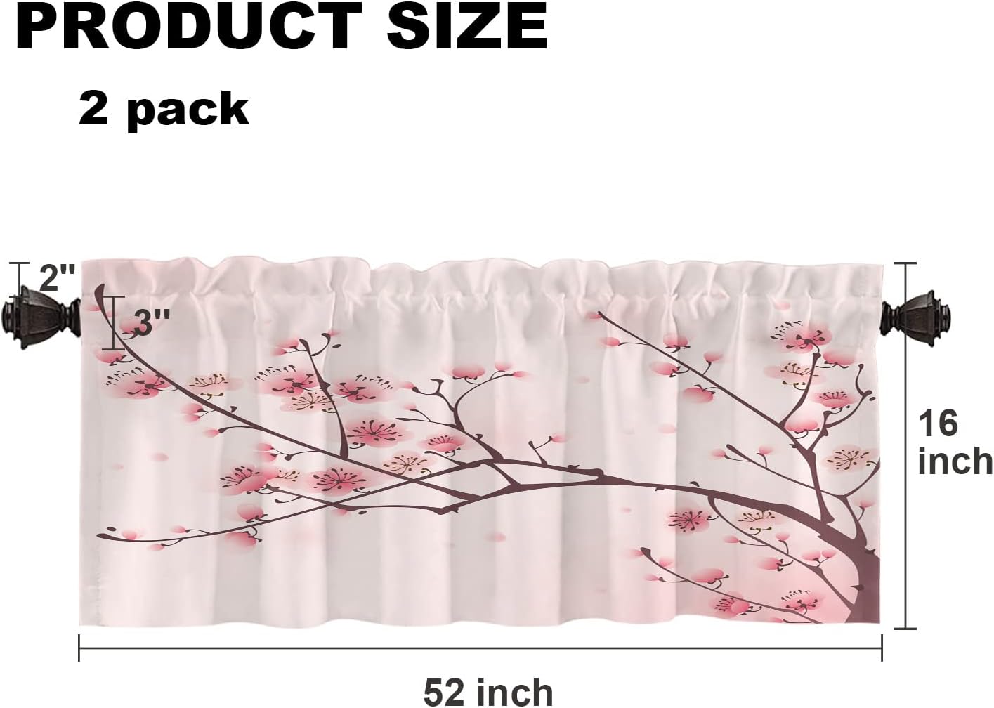 Set 2 draperii scurte decorative pentru fereastră, model flori de cireș și ramuri de prun, 132 x 40,6 cm, roz