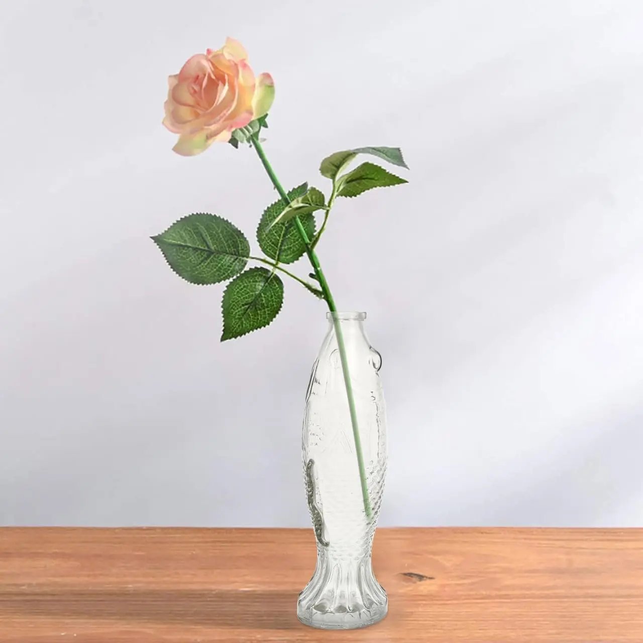 Set 2 vaze decorative din sticlă, formă de pește, cu dop din plută, 26 x 10 cm, transparente