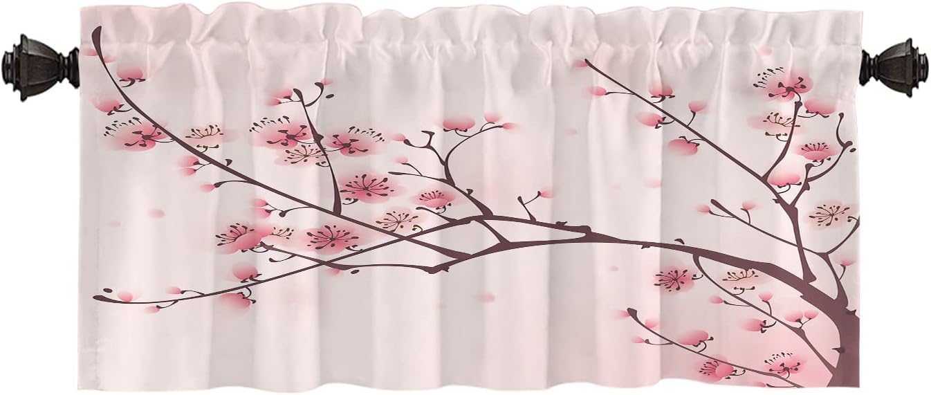 Draperie scurtă decorativă pentru fereastră, model flori de cireș și ramuri de prun, 132 x 46 cm, roz